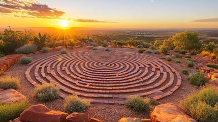 Sunset over a circular stone labyrinth in a desert landscape.