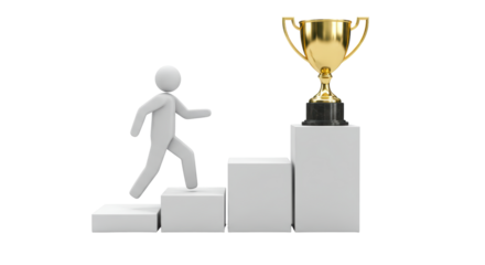 Isolated 3D Stick Figure Climbing Steps to Reach Gold Trophy