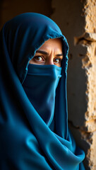 Naklejka premium A woman with striking eyes is captured, partially veiled in a blue fabric, conveying a sense of mystery and contemplation. She stands in a stone doorway, hinting at cultural depth