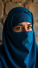 Naklejka premium A woman in a blue hijab gazing with intent. Her eyes capture an expression of contemplation.