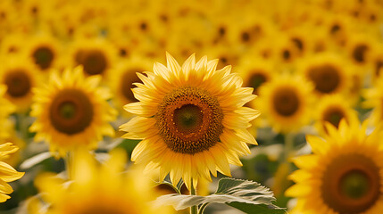 Obraz premium A vibrant sunflower field stretching toward the horizon, with golden light illuminating the scene