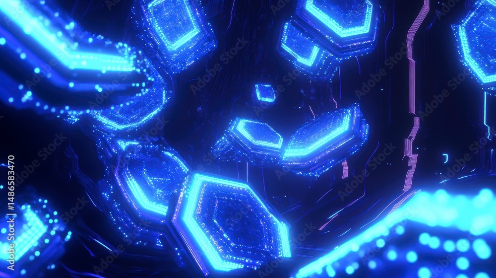 Poster abstract digital tunnel with glowing blue hexagons and lines.