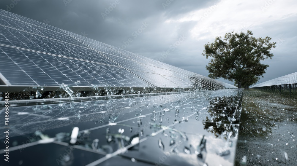 Poster a stunning image of solar panel array affected by hail, featuring cracked cells and tree reflection 