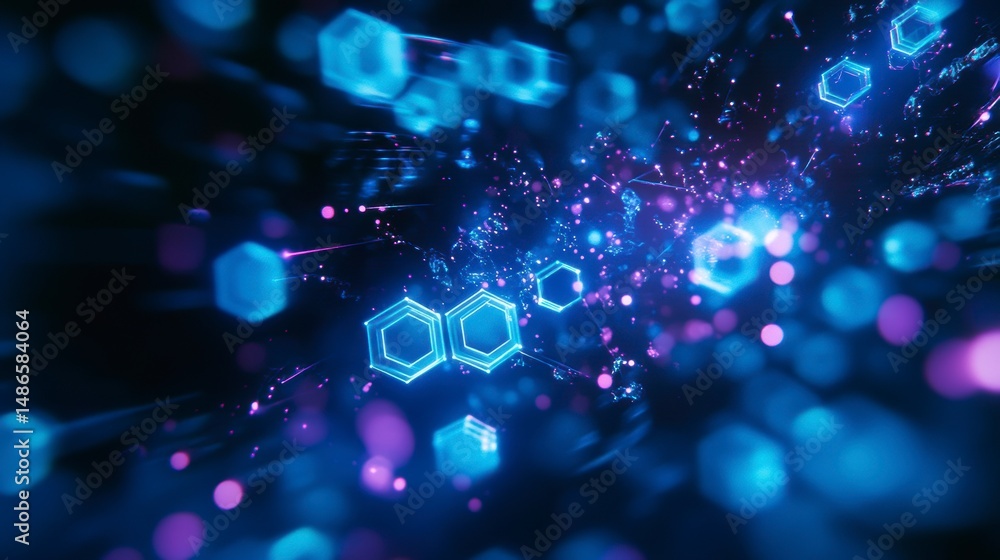 Aufkleber Abstract 3D rendering of glowing hexagons and particles in a dark space, creating a futuristic tunnel effect.