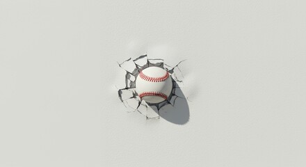 Baseball Crashing Through The Clean White Screen Isolated In Detailed Studio Shot Creating Cracks And Debris Revealing High Impact And Powerful Scene For Sport Related Designs