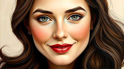 Fototapeta premium Glamorous brunette model with red lipstick and striking eye makeup showcases elegant beauty in a close-up