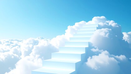 White Staircase Ascending Through Clouds Against A Bright Blue Sky