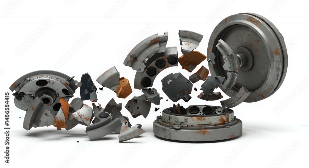 Aufkleber broken centrifuge machine parts isolated on white screen background representing chaos breakdown and