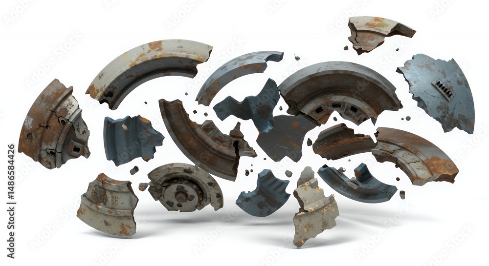 Poster broken centrifuge parts in stop motion animation isolated on white screen background for chaos break