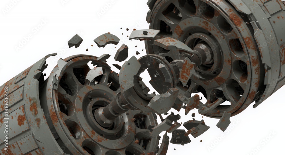 Aufkleber broken centrifuge parts isolated on white screen background in stop motion animation exploring chaos