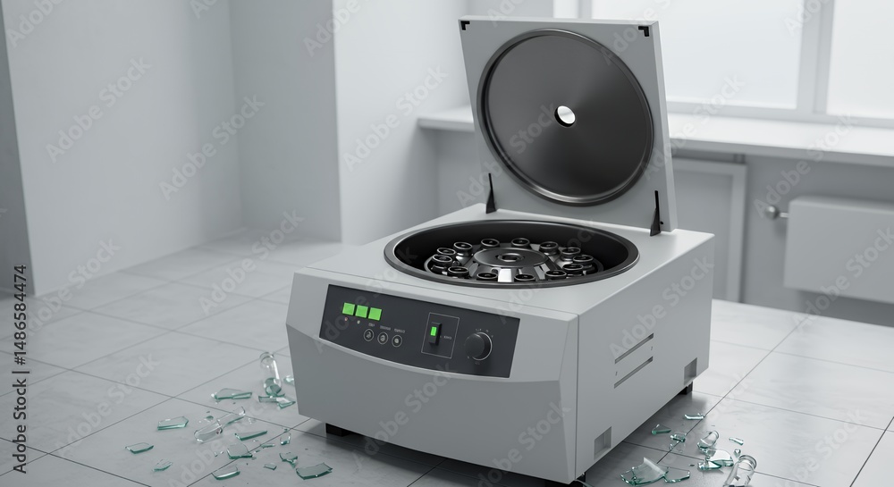 Poster broken centrifuge with shattered glass vials isolated on white screen background displaying a scient