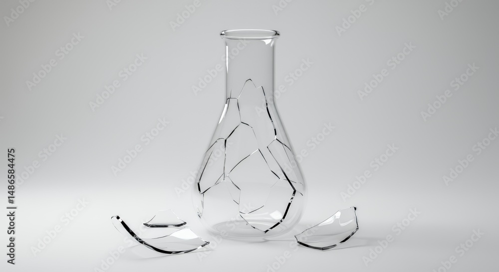 Poster broken clear glass bottle with fractured pieces isolated on white screen background backdrop damage 