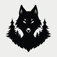 Wolf silhouette vector, Wolf head silhouette vector Black wolf head silhouette surrounded by pine trees and mist, creating a mysterious wilderness vibe