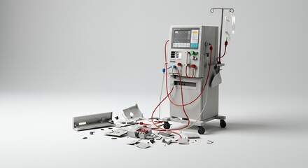 Broken Dialysis Machine on White Screen Background Isolated Detailed Medical Equipment Failure Illustrating Healthcare Challenges and the Fragility of Life Object Symbolic Composition