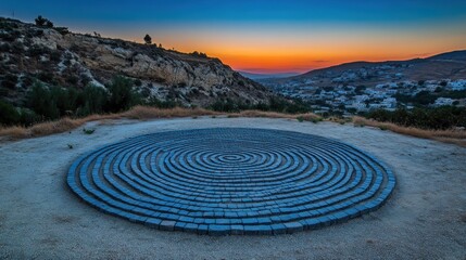 A serene circular pattern of stones at sunrise.