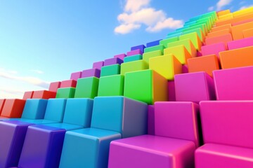 Colorful isometric 3D preschool background featuring rainbow blocks arranged in step patterns against a clear sky backdrop