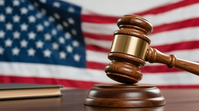 A wooden judge gavel lies in front of a draped American flag symbolizing legal authority justice and patriotic lawmaking in the United States court system