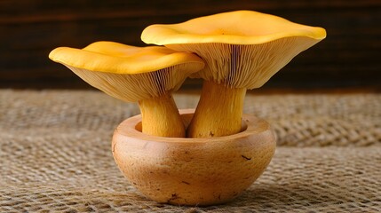 Golden Chanterelle Mushrooms in Wooden Bowl on Burlap