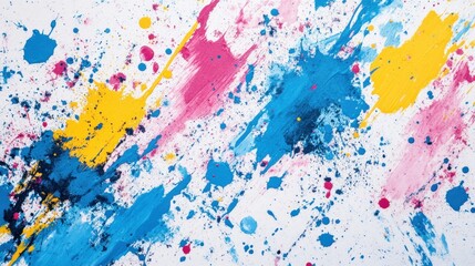 Fototapeta premium Abstract paint splatter background blue pink yellow colors creative texture energetic design
