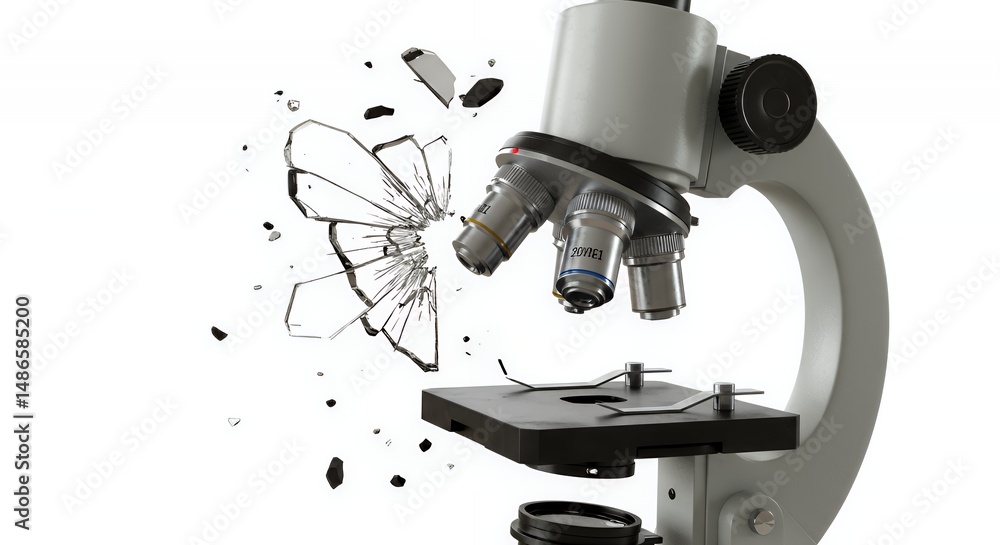 Poster broken microscope isolated on white screen background with realistic detail damage symbolizing halte
