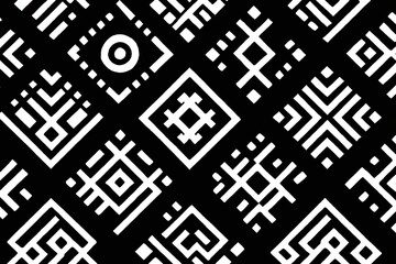 Black background with repeating white geometric patterns abstract shapes and lines.