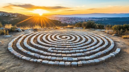 Circular spiral design of stones at sunrise.