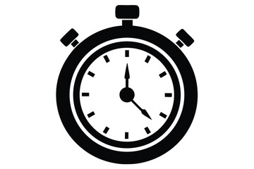 A black analog stopwatch on a white backdrop shows the time precisely