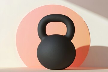 Modern fitness theme with black kettlebell against peach circular background for gym inspiration