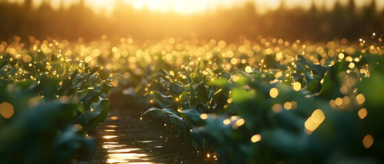 A field of corn with lights on the plants
