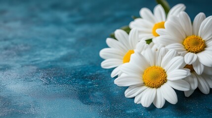 Against a blue backdrop, a vase is filled with daisies and decorated with water droplets, all of which are gently lit by a soft bokeh effect