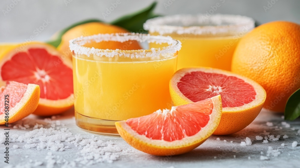 Poster the image is a close-up of a glass holding a drink, topped with a grapefruit garnish and including t