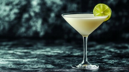 On a dark background, a glass filled with white liquid is garnished with a lime slice