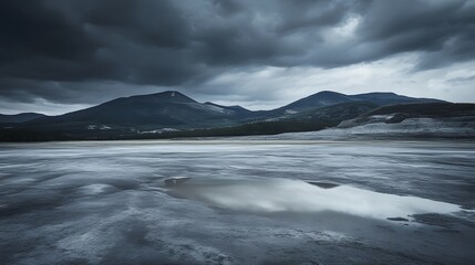 Dramatic Mountain Landscape with Stormy Sky and Puddle Reflection