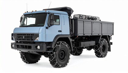 Side View Mockup of a Cold Climate Tactical Truck with Snow Chains on White Background