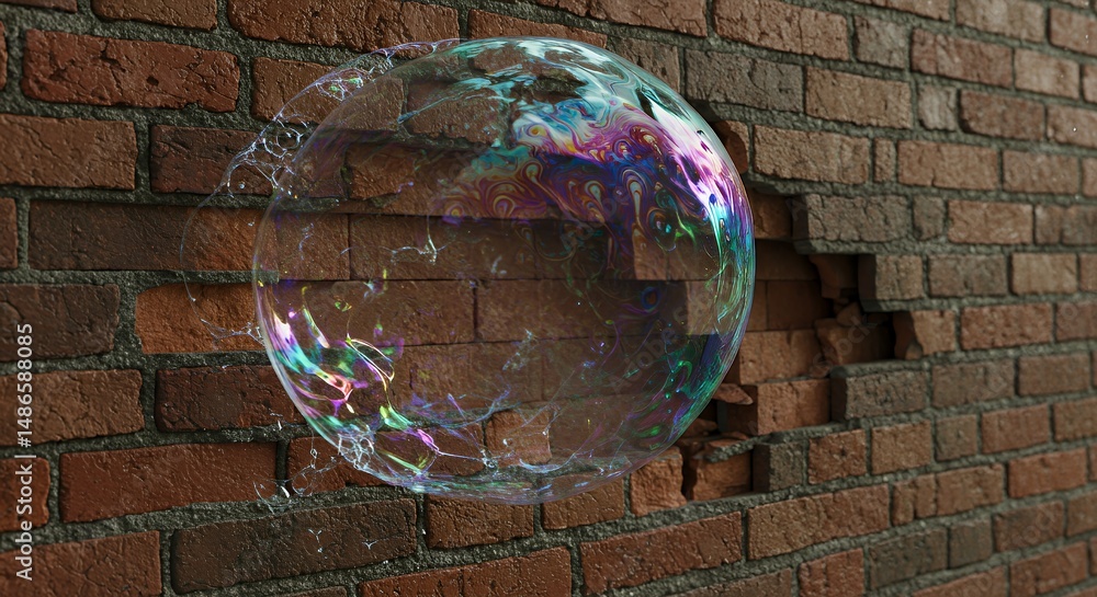 Poster damaged brick wall with burst bubble isolated on white screen background for ads promotion blank cle