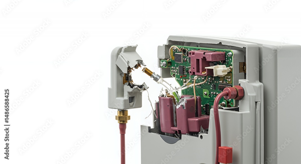 Poster damaged dialysis machine component with broken elements isolated on white screen background for medi