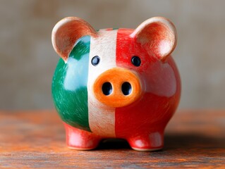 Ceramic piggy bank painted in the colors of the Italian flag—green, white, and red—on a wooden surface with a blurred neutral background