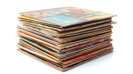 Stacked vintage comic books, colorful covers, aged paper.