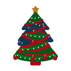 Christmas tree with decorations and star on top in colorful style  
