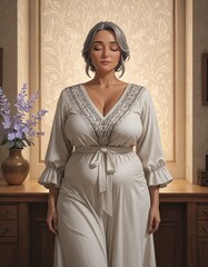  Overweight woman,   Indigenous Guatemalan, loose gray hair, wearing a simple white outfit, standing with eyes closed and a peaceful expression, warm lilac background