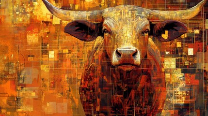 Close-up portrait of a majestic longhorn bull against an abstract orange and brown background.