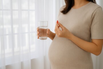 A pregnant woman holds a glass of water in one hand and a red supplement pill in the other, preparing to take it.