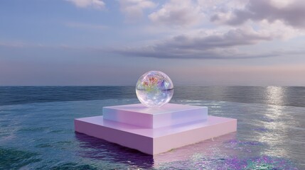 Obraz premium Surreal glass sphere on pastel platform over ocean at sunset