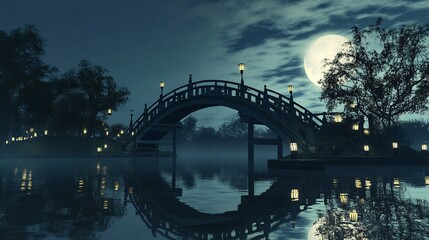Japanese mythology spirit bridge over moonlit lake where souls cross into realms lit by glowing lanterns