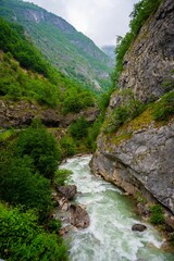 Scenic river in a lush mountain valley.