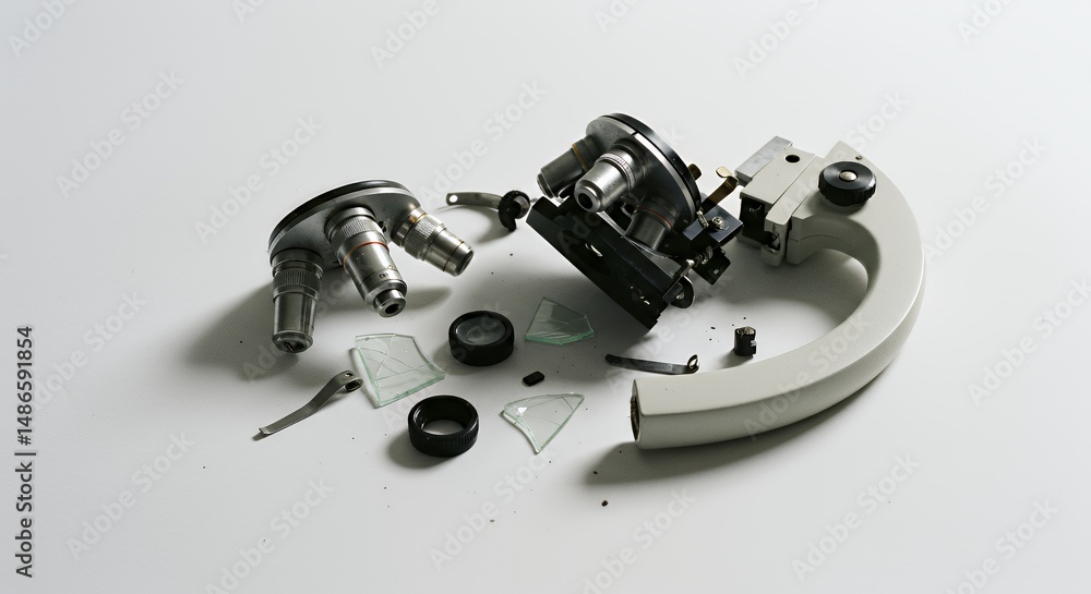 Aufkleber dismembered microscope isolated on white screen background symbolizing end of scientific exploration