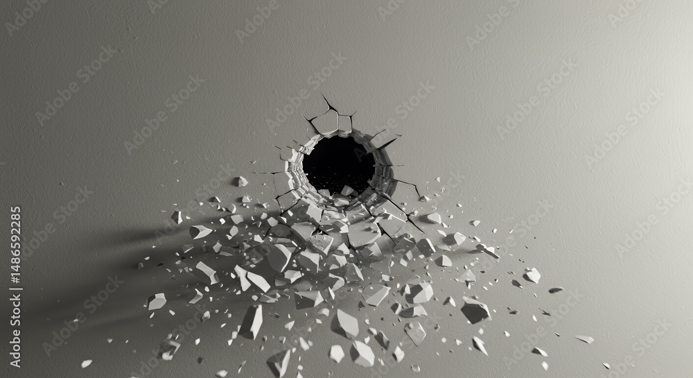 Poster dramatic grayscale render of hole shattered through smooth wall isolated on white screen background 