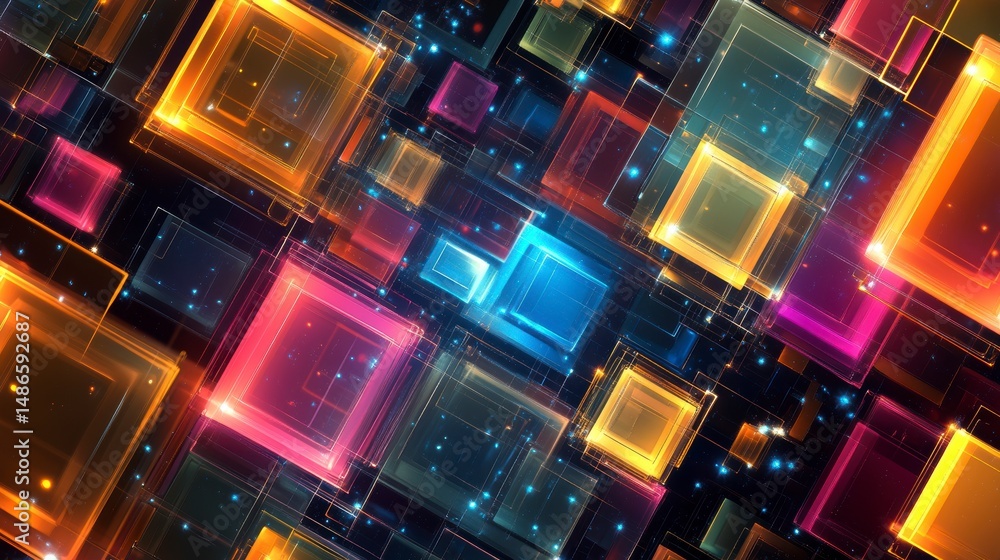 Poster Abstract background with glowing colorful squares and lines.