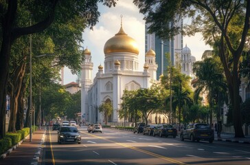Mosque in urban setting, sunny day