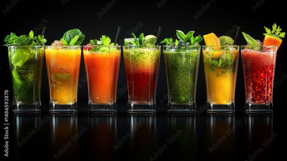 Poster on a table, an array of diverse cocktails is neatly arranged and decorated with leaves and a lime we